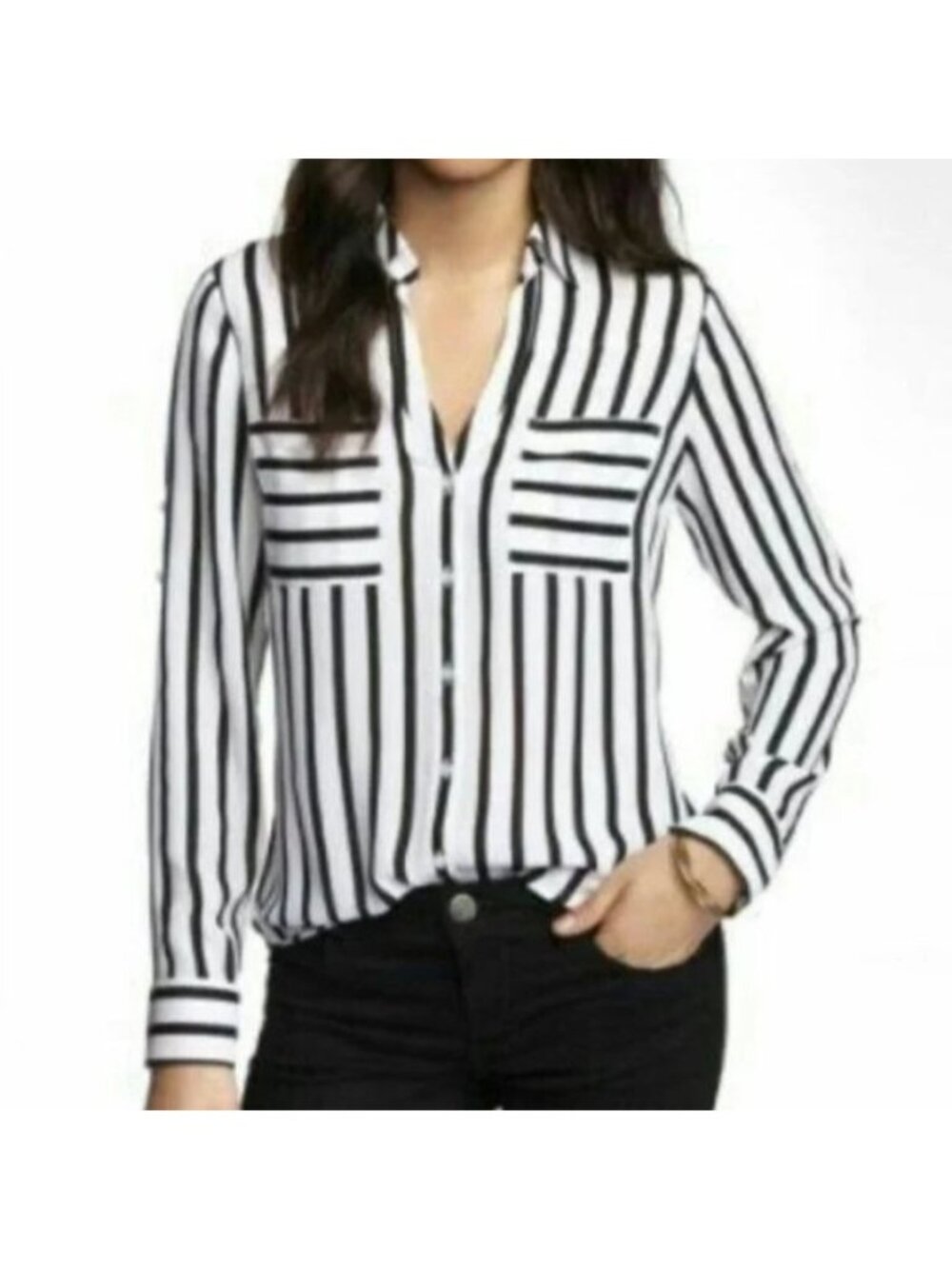 Express The Portofino Shirt Womens XS White Black Stripes Roll Tab Sleeves